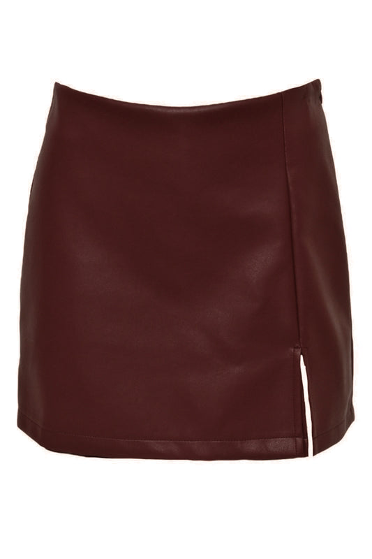 Brown Faux Leather Side Split Skort
