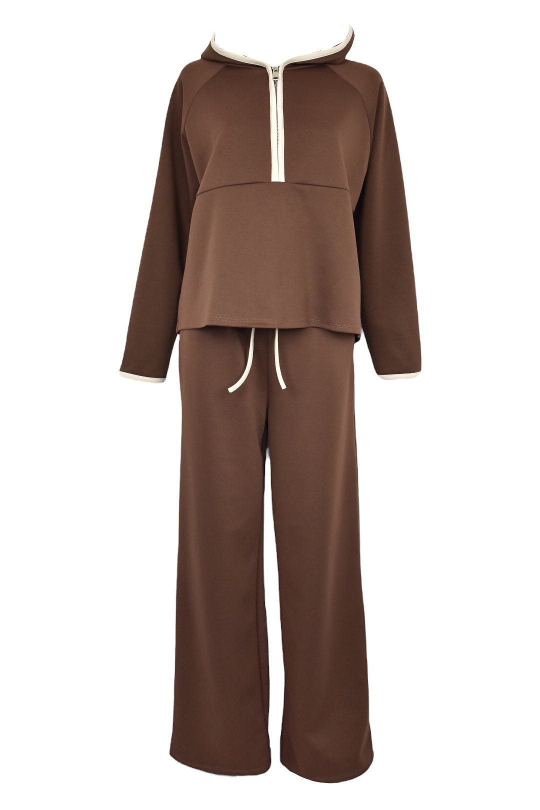 Brown Hooded Half Zip Wide Leg Loungesuit