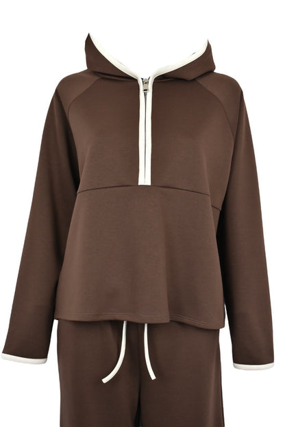 Brown Hooded Half Zip Wide Leg Loungesuit Top