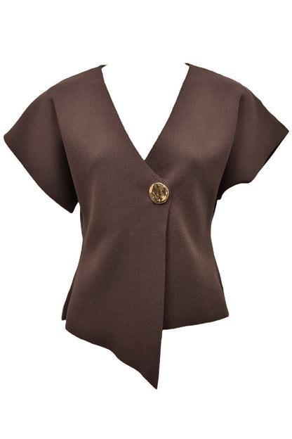 Brown Knitted Asymmetric Gold Button Top