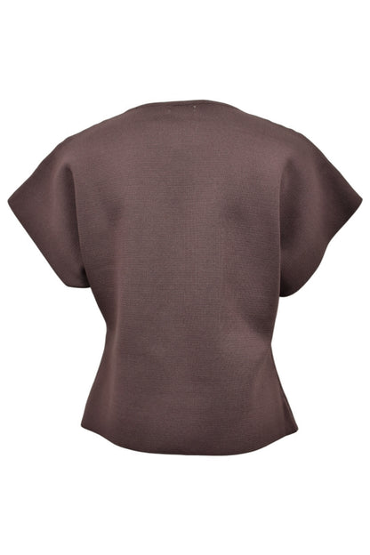 Brown Knitted Asymmetric Gold Button Top Back