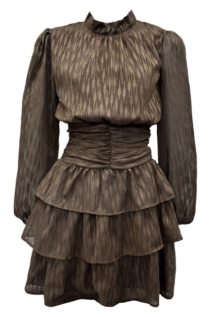 Brown Metallic Thread Tiered Hem Dress