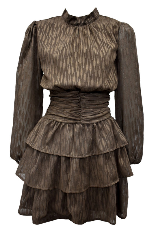 Brown Metallic Thread Tiered Hem Dress