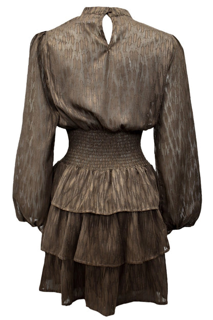 Brown Metallic Thread Tiered Hem Dress Back
