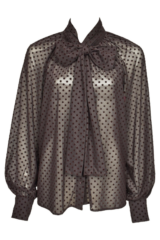 Brown Polka Dot Bow Sheer Blouse