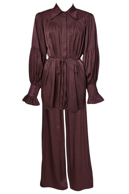 Brown Satin Belted Top & Wide Leg Trousers Co-ord