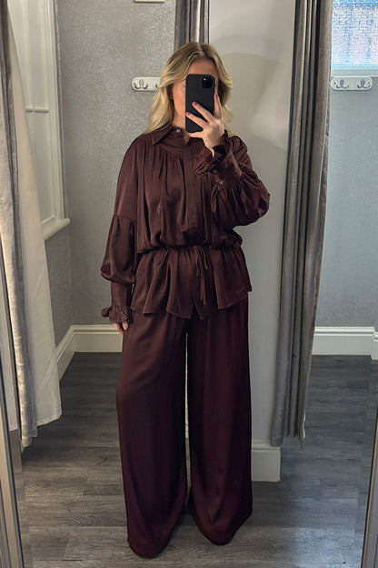 Brown Satin Belted Top & Wide Leg Trousers Co-ord