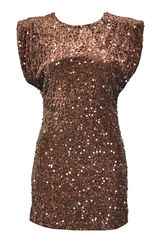 Brown Sequinned Cap Sleeve Velvet Dress