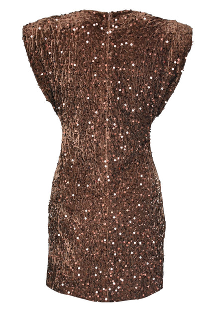 Brown Sequinned Cap Sleeve Velvet Dress