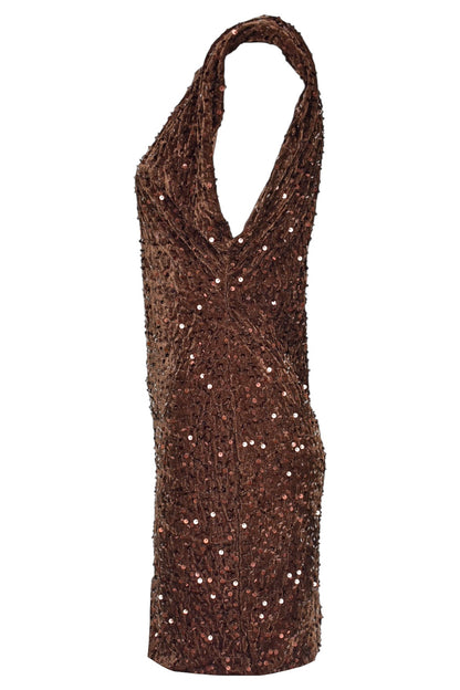Brown Sequinned Cap Sleeve Velvet Dress