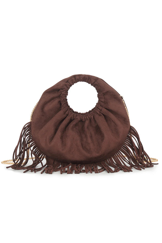 Brown Suede Fringed Hoop Handle Bag