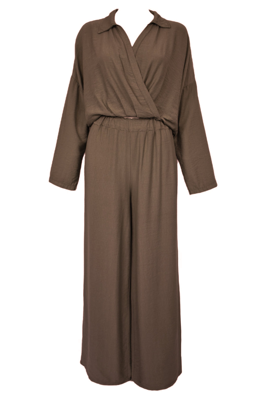 Brown Wrapover Top & Wide Leg Trousers Co-ord