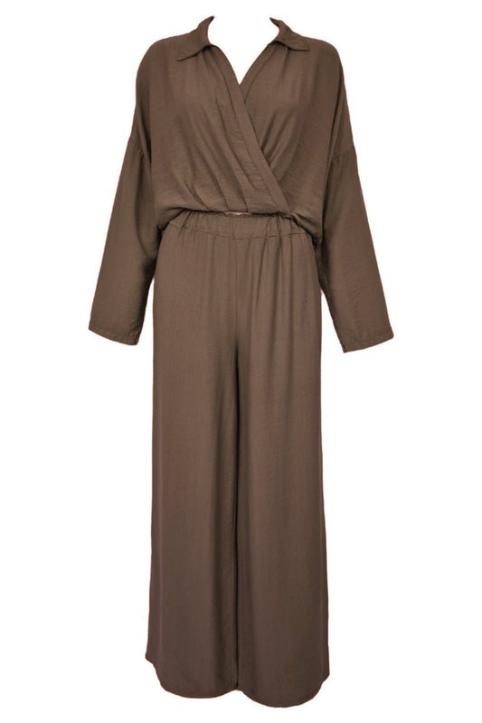 Brown Wrapover Top & Wide Leg Trousers Co-ord