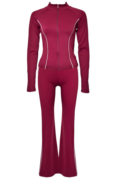 Burgundy Active Contrast Piping Zipped Jacket & Flares Set