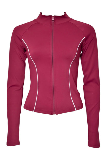 Burgundy Active Contrast Piping Zipped Jacket & Flares Set