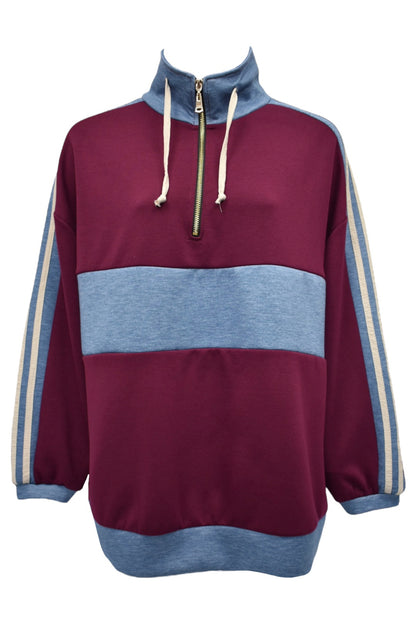 Burgundy Contrast Striped Quarter Zip Sweatshirt