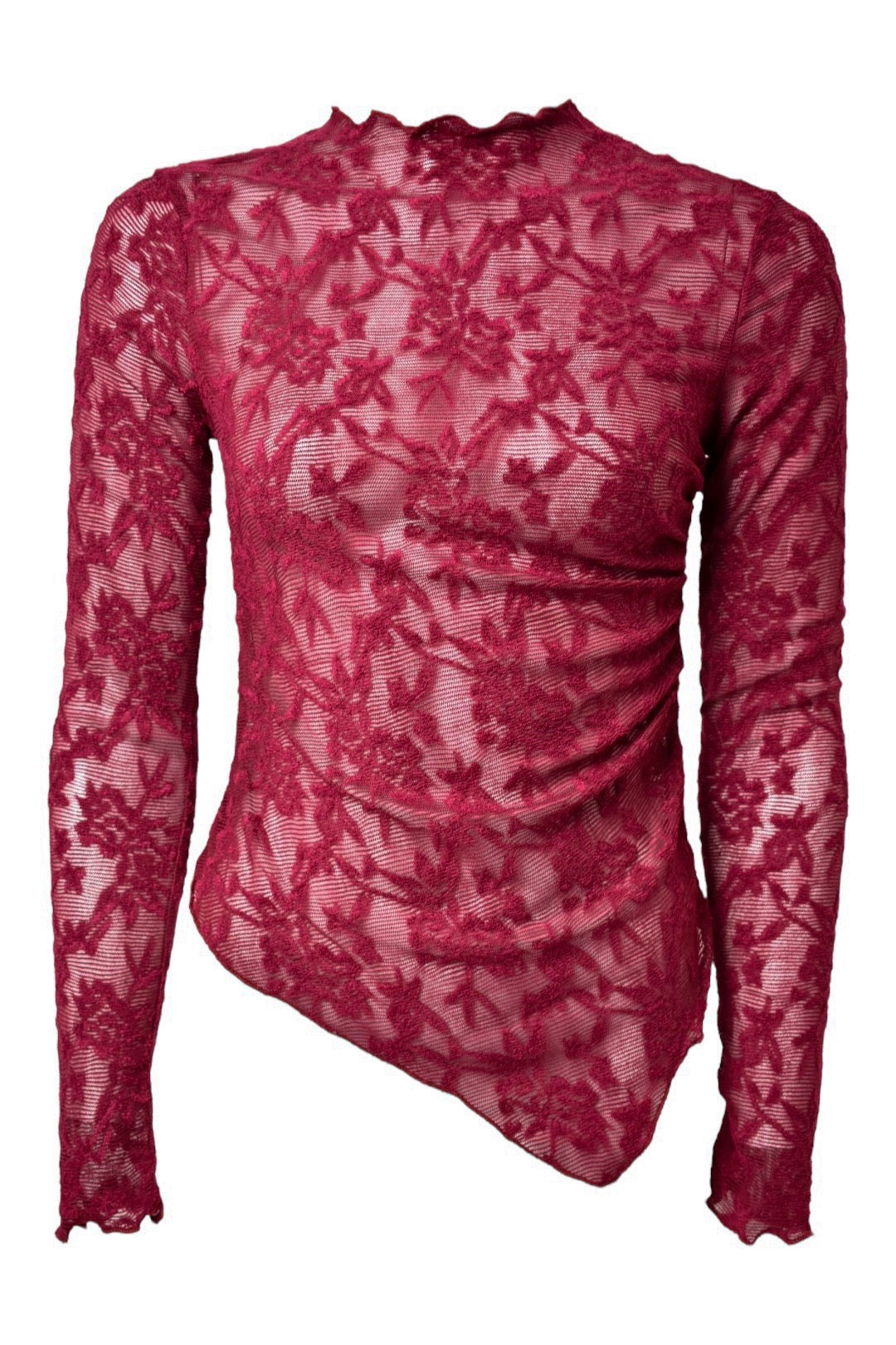 Burgundy Floral Lace Asymmetric Top Front