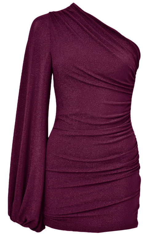 Burgundy Glitter Ruched One Shoulder Dress