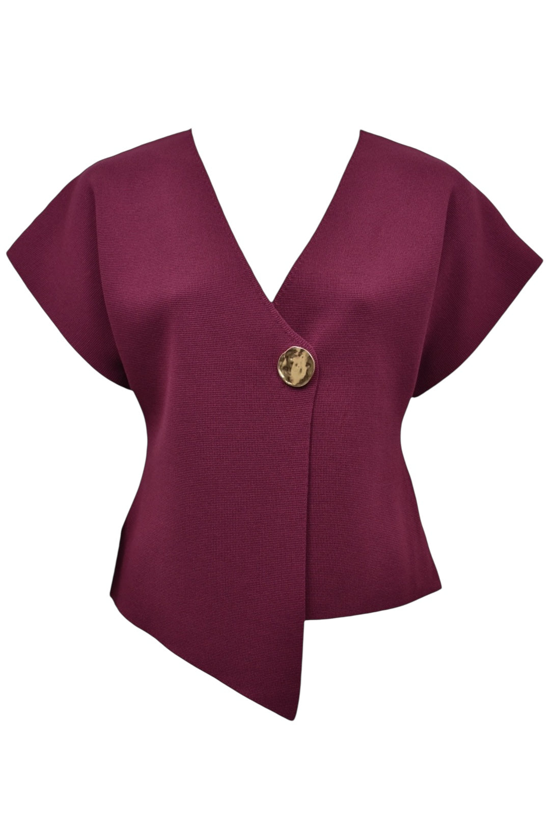 Burgundy Knitted Asymmetric Gold Button Top
