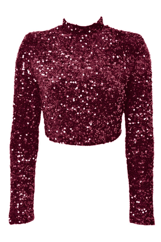 Burgundy Sequin Long Sleeve Cropped Top