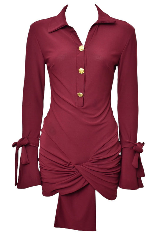 Burgundy Wrapover Drape Shirt Dress 