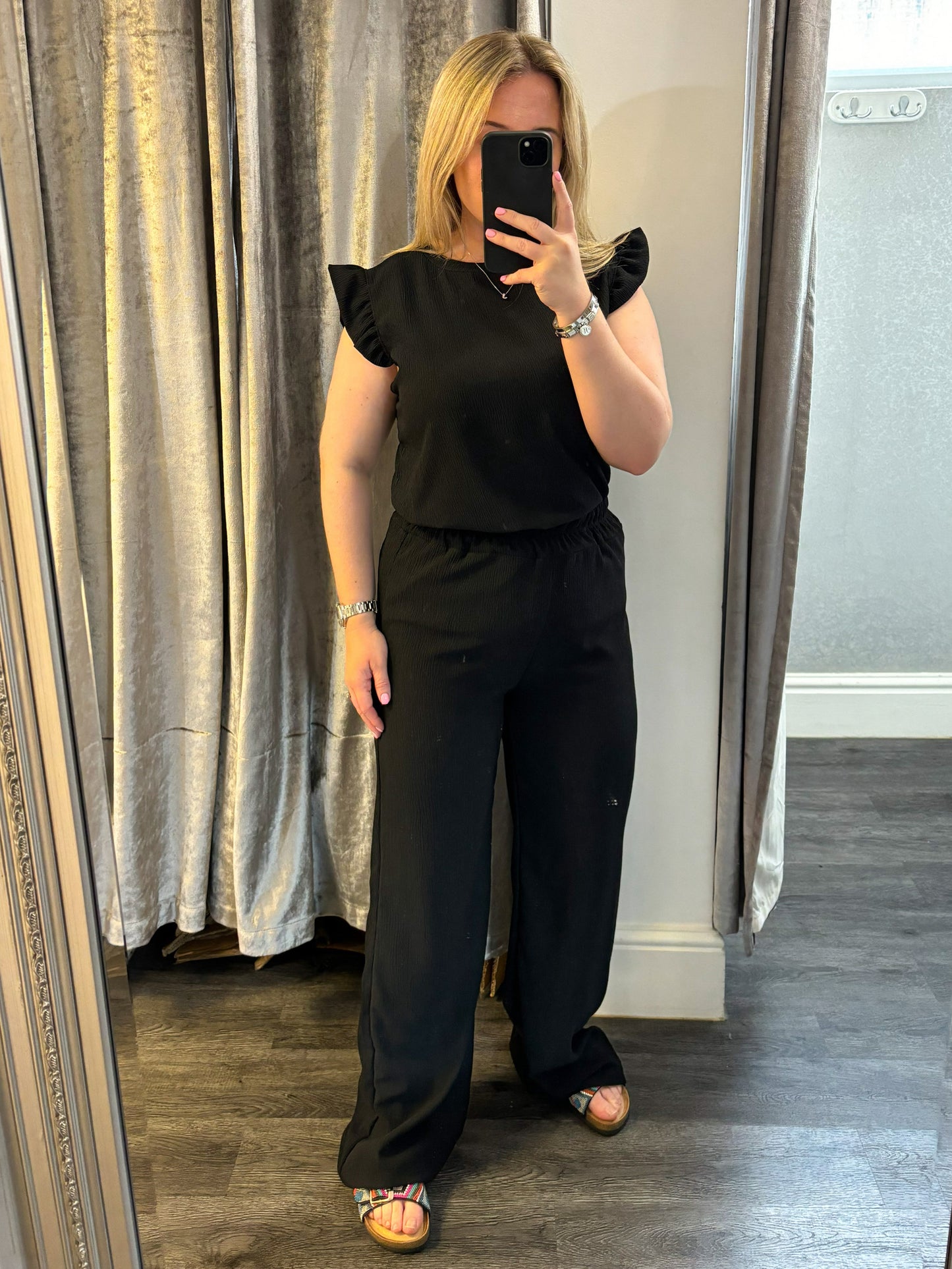 Black Frill Sleeve Wide Leg Trouser Co-ord