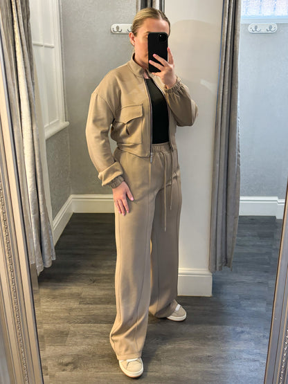 Taupe Bomber Jacket Wide Leg Loungesuit