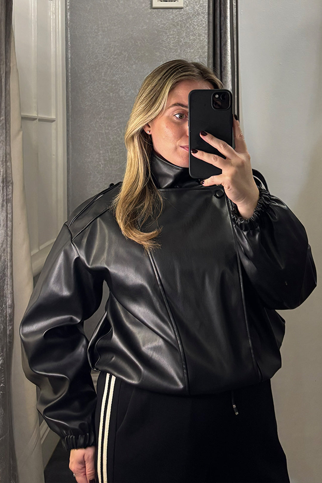 Black Funnel Neck Faux Leather Jacket
