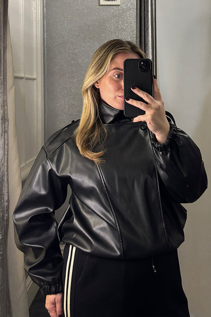 Black Funnel Neck Faux Leather Jacket