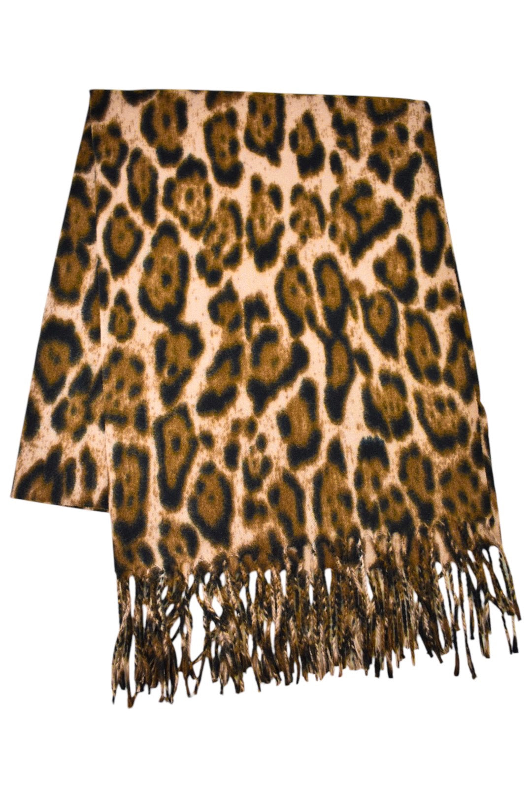 Camel Leopard Print Fringe Scarf 