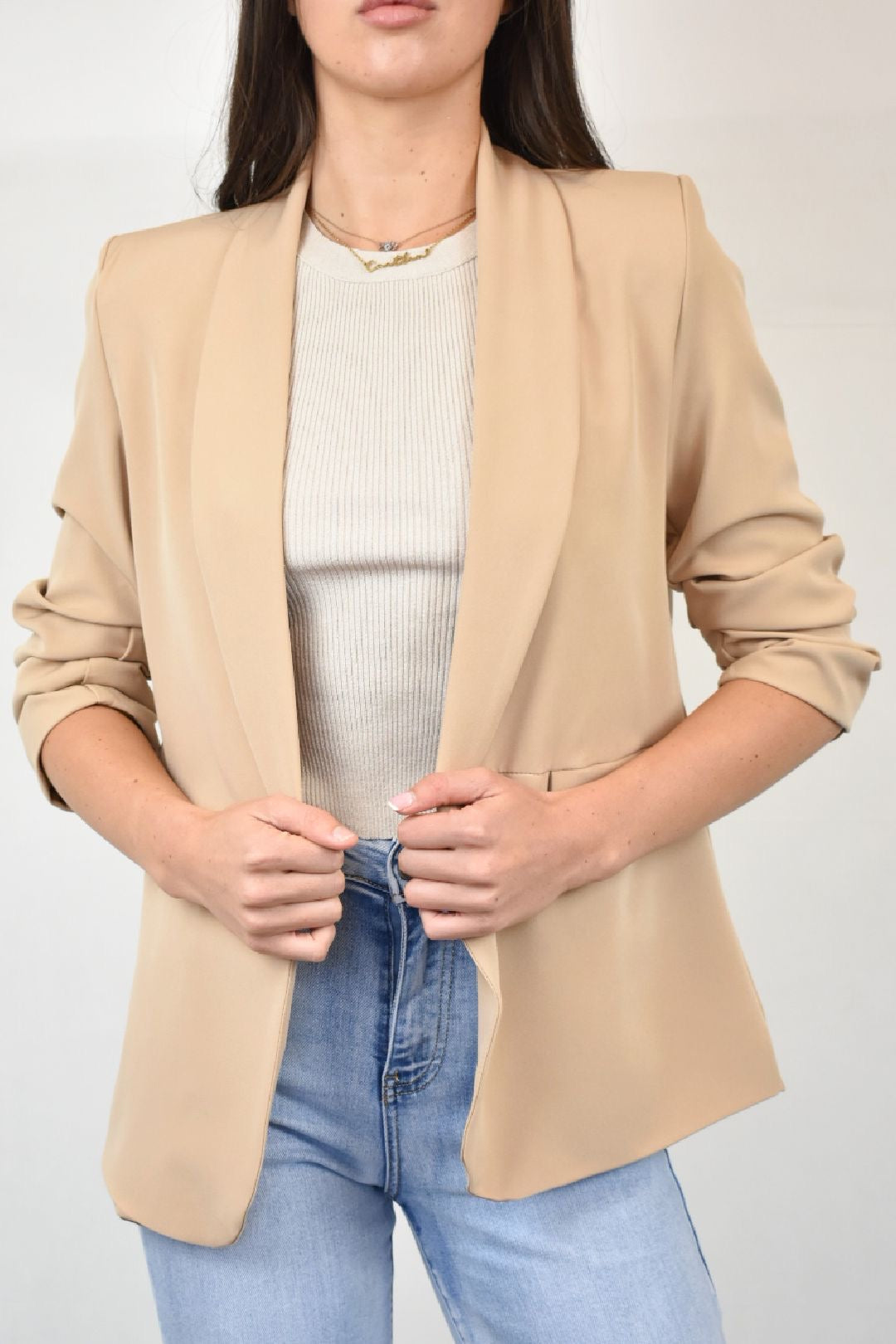 Camel Ruched Sleeve Blazer Model