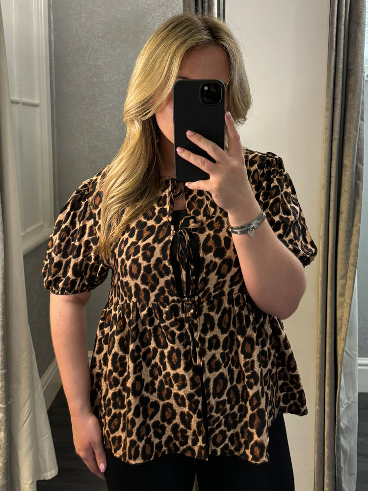 Leopard Print Tie Peplum Top