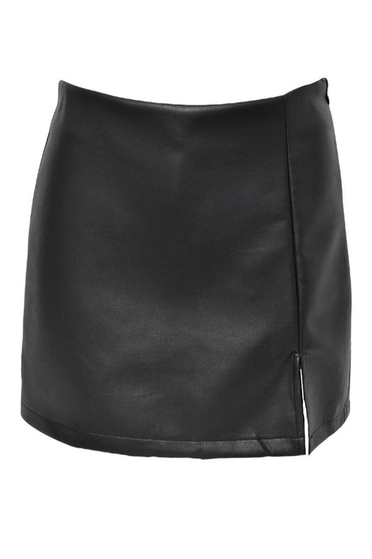 Black Faux Leather Side Split Skort