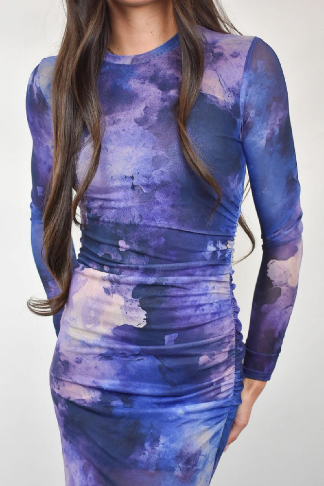 Blue & Purple Sheer Ruched Side Dress