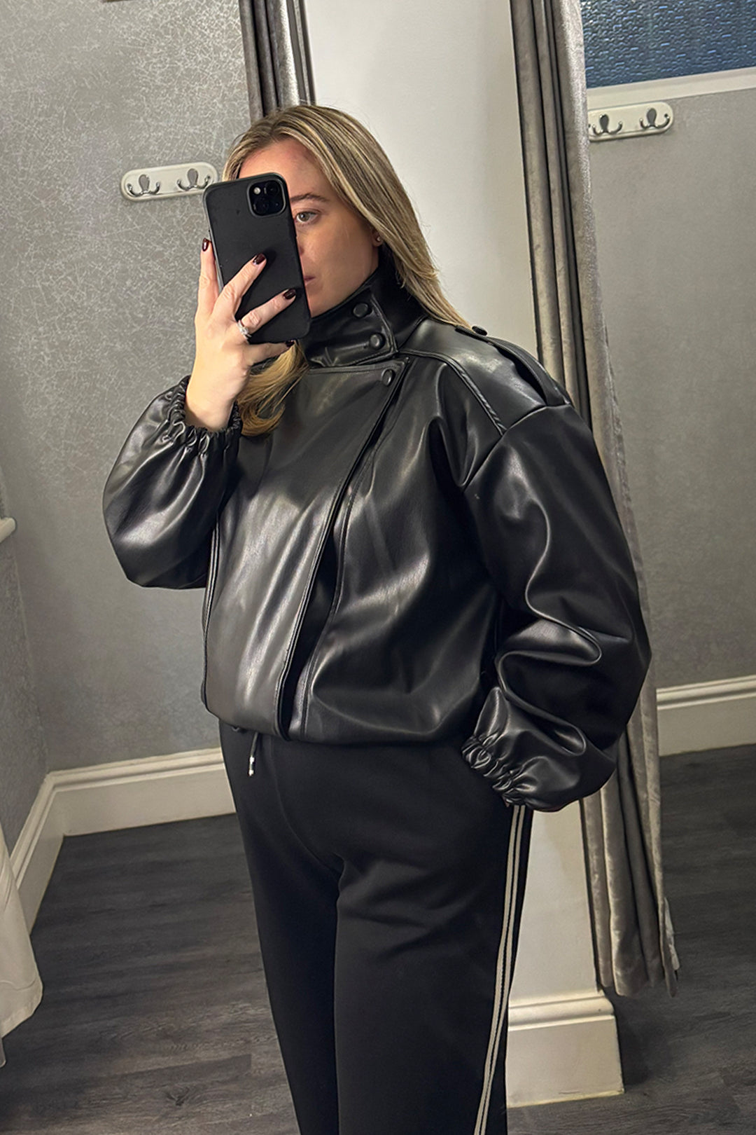 Black Funnel Neck Faux Leather Jacket