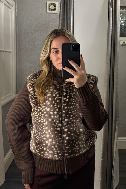 Brown Faux Fawn Fur Knitted Zip Up Jacket