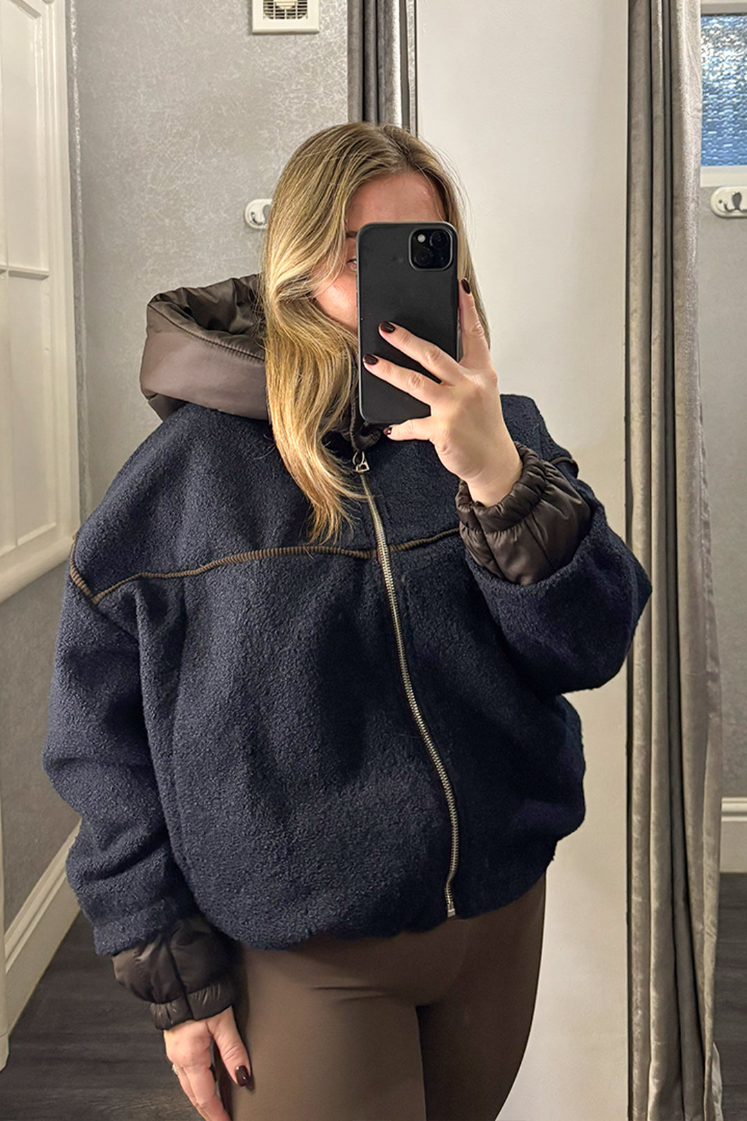 Navy Borg Zip Up Jacket with Padded Hood