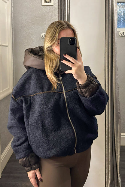Navy Borg Zip Up Jacket with Padded Hood