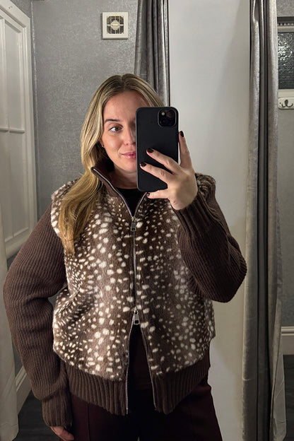 Brown Faux Fawn Fur Knitted Zip Up Jacket