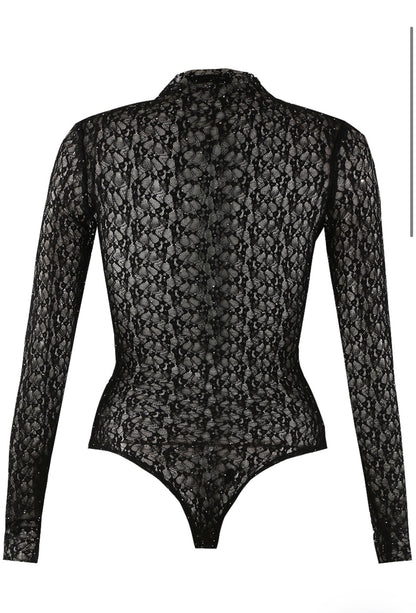 Black Diamante Lace Sheer Bodysuit