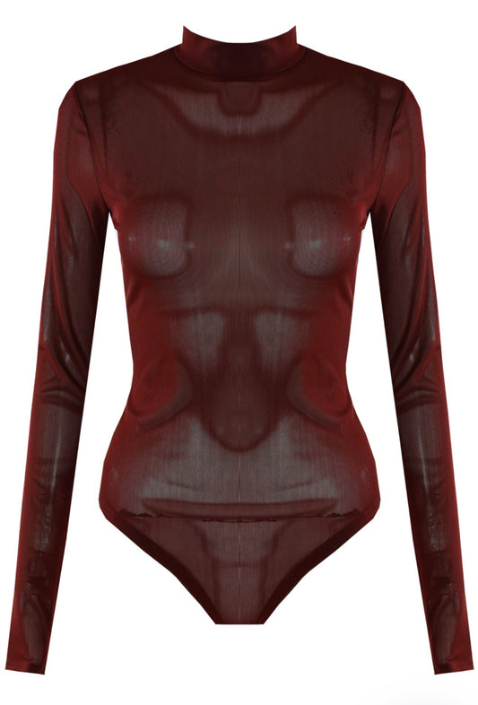 Burgundy Sheer Long Sleeve Bodysuit