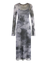 Grey Marble Long Sleeve Sheer Maxi Dress