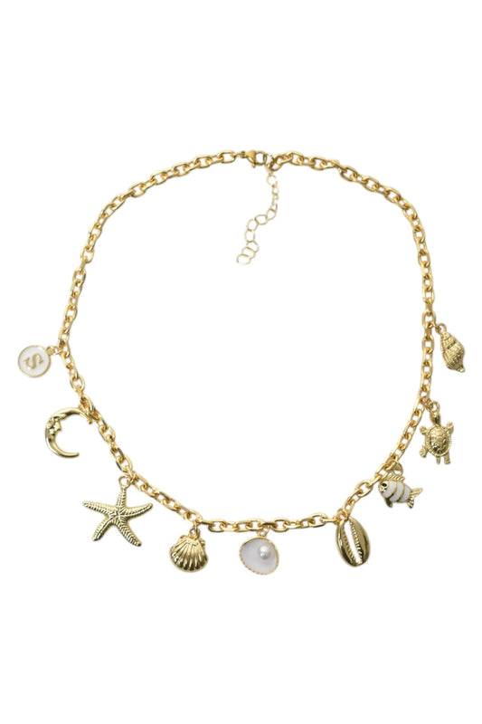 Gold Starfish & Shell Charm Necklace