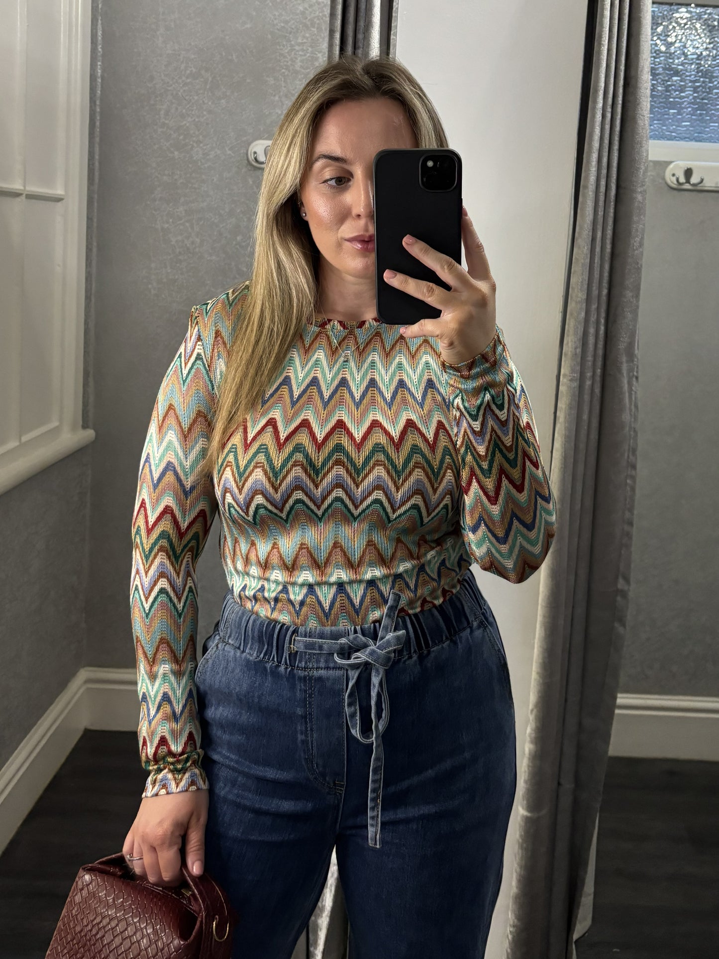 Green Multi Zig Zag Knitted Long Sleeve Top