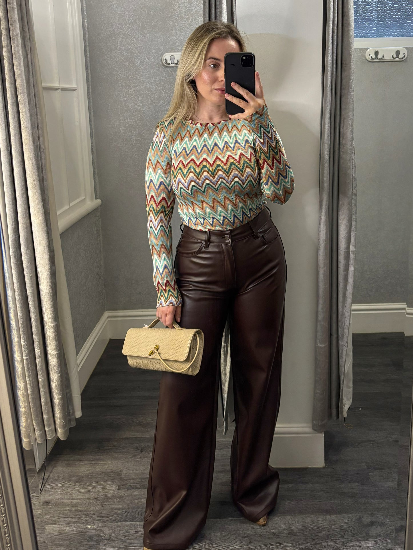 Green Multi Zig Zag Knitted Long Sleeve Top