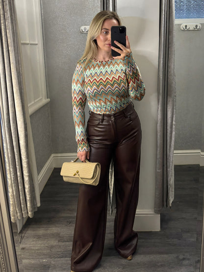 Green Multi Zig Zag Knitted Long Sleeve Top