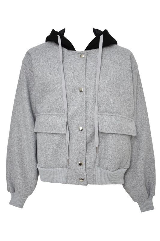 Grey Hooded Bomber Jacket Front