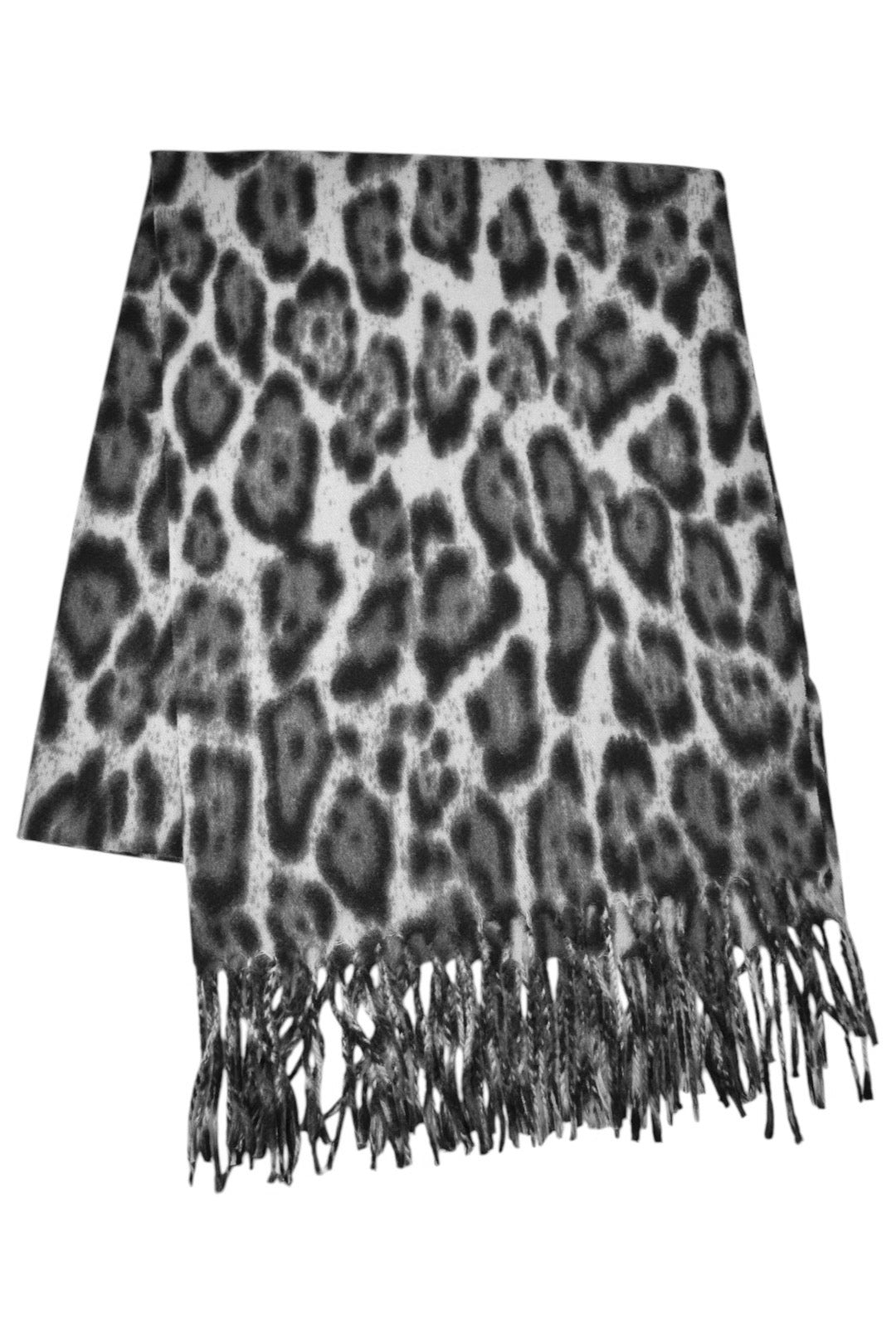 Grey Leopard Print Fringe Scarf