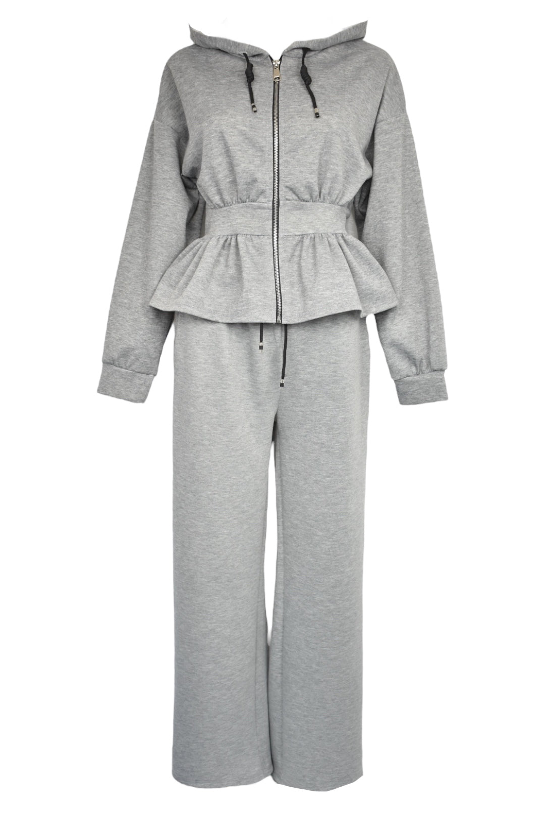 Grey Peplum Jacket Wide Leg Trousers Loungesuit