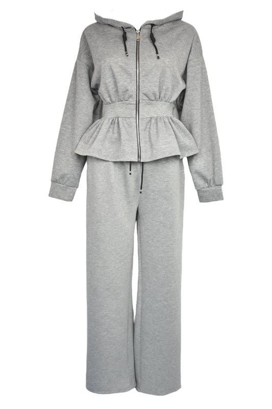 Grey Peplum Jacket Wide Leg Trousers Loungesuit